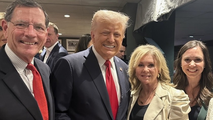 U.S. Sen. John Barrasso, R-Wyoming (left), poses with President Donald Trump along with fellow Republican Sens. Marsha Blackburn of Tennessee (second from right) and Katie Britt of Alabama during Trump's trip to the Super Bowl.