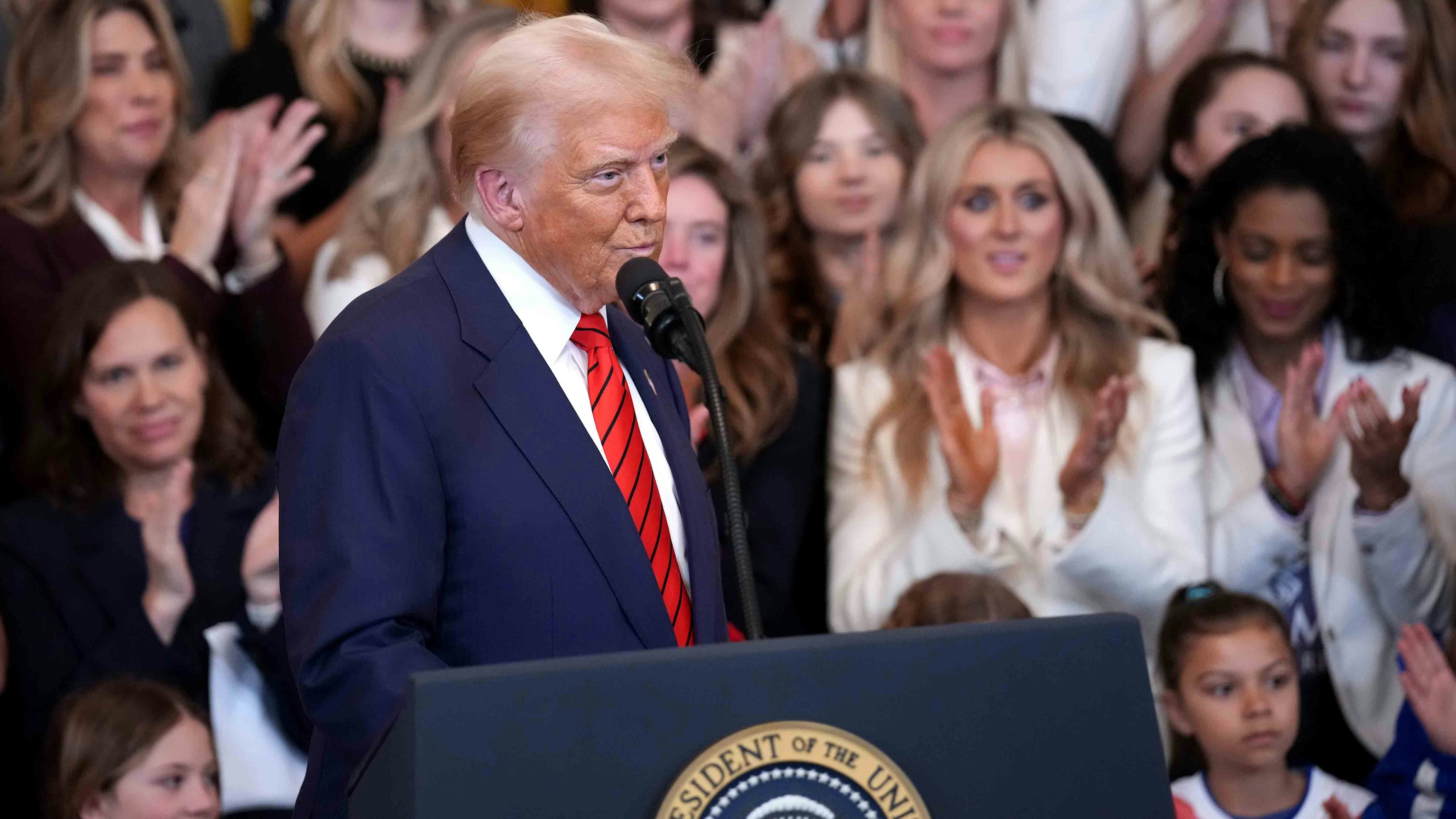 U.S. President Donald Trump delivers remarks before singing the “No Men in Women’s Sports” executive order in the East Room at the White House on February 5, 2025 in Washington, DC.