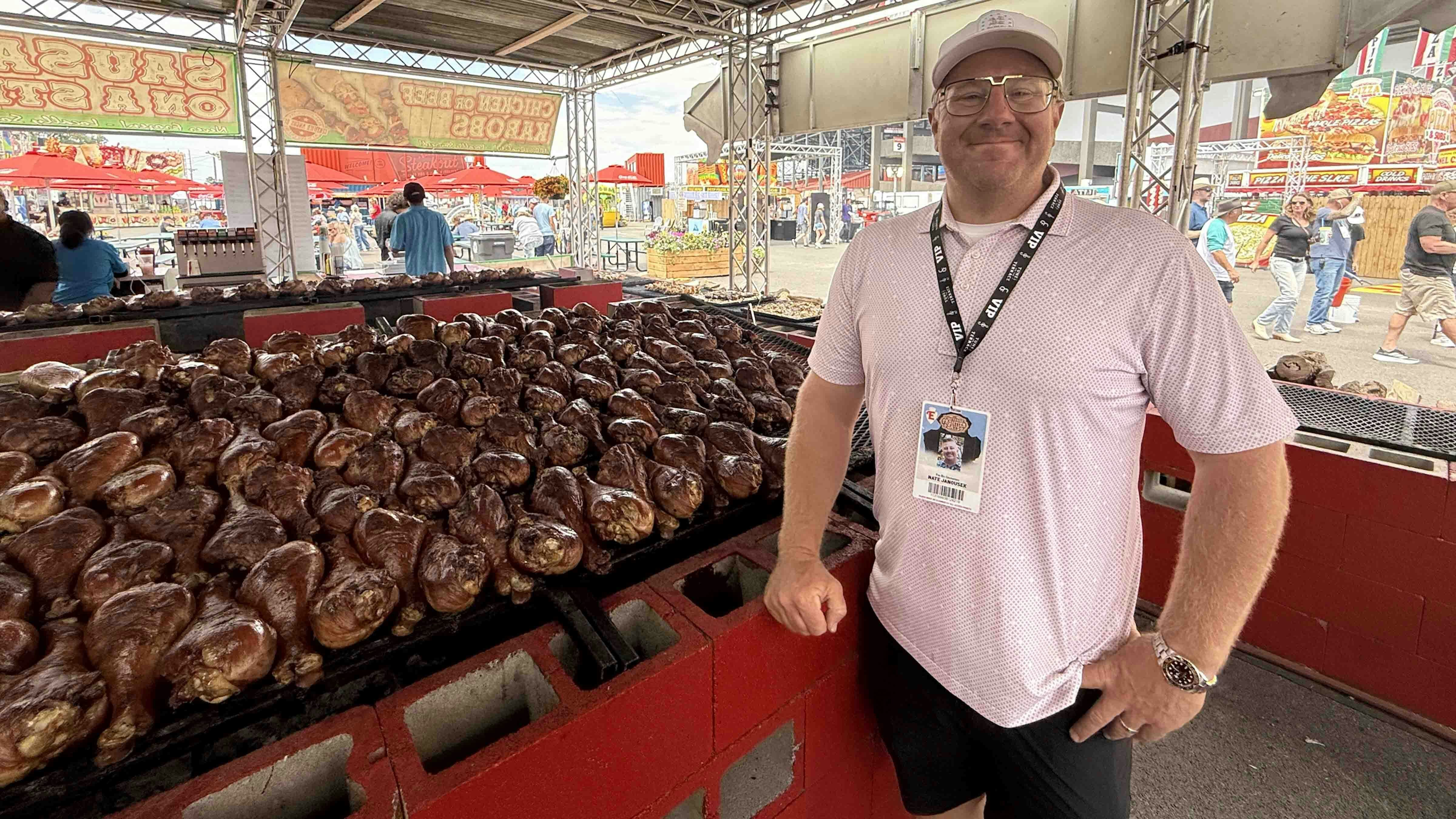 Nate Janousek, whose company Fun Biz is the exclusive concessionaire for Cheyenne Frontier Days, with dozens of turkey legs.