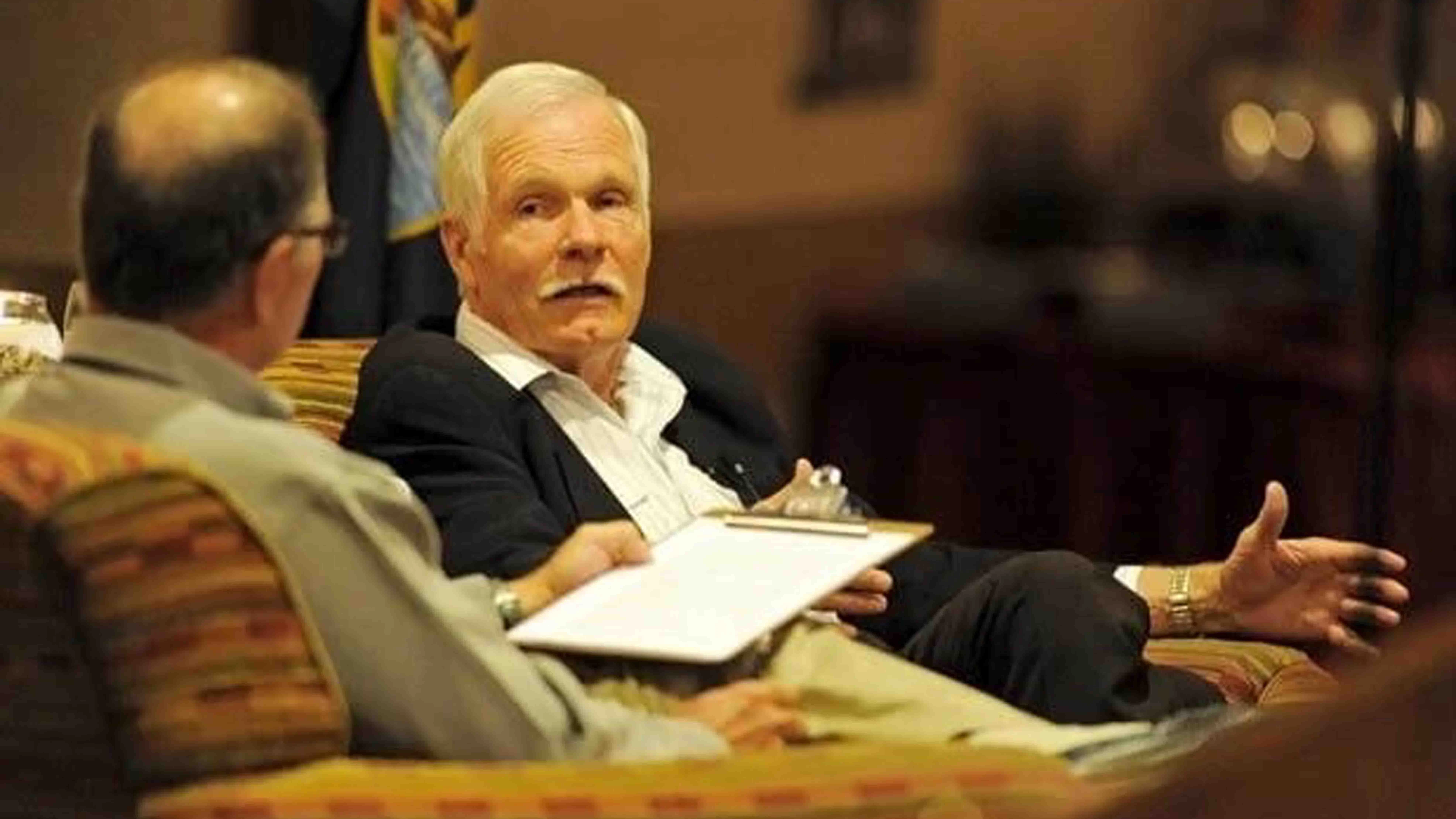 Media mogul and Bozeman resident Ted Turner, right, along with Bozeman biographer Todd Wilkinson, left, talk about their new book discussing Turner's conservation endeavors before a live audience at the Ellen Theatre in 2013.
