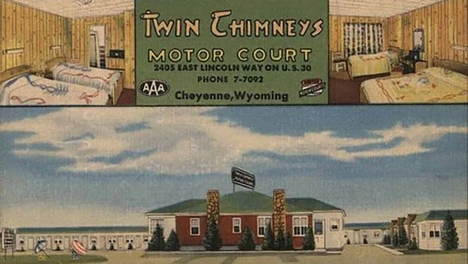 Several vintage linen postcards depicting the Twin Chimneys Motor Court in Cheyenne in better times were being offered on eBay Tuesday. Earlier in the day the motel was demolished after standing since the 1950s.