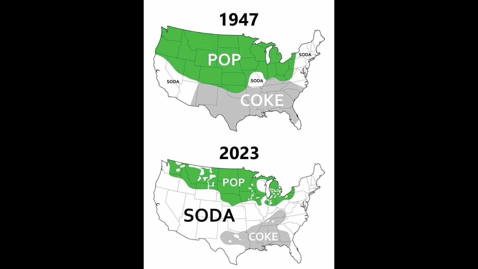 A breakdown showing the use of the words "soda," "pop" and "coke" over time.