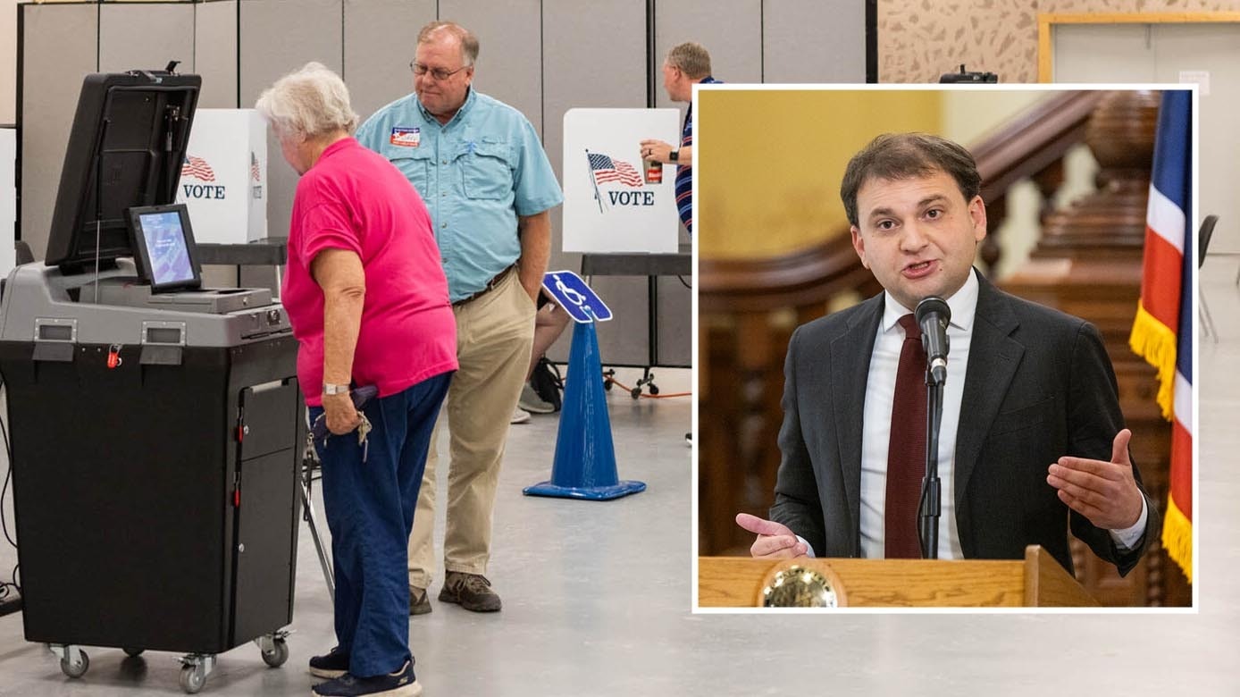 Secretary of State Chuck Gray, inset, and a woman submitting her ballot during the 2024 general election in Wyoming.