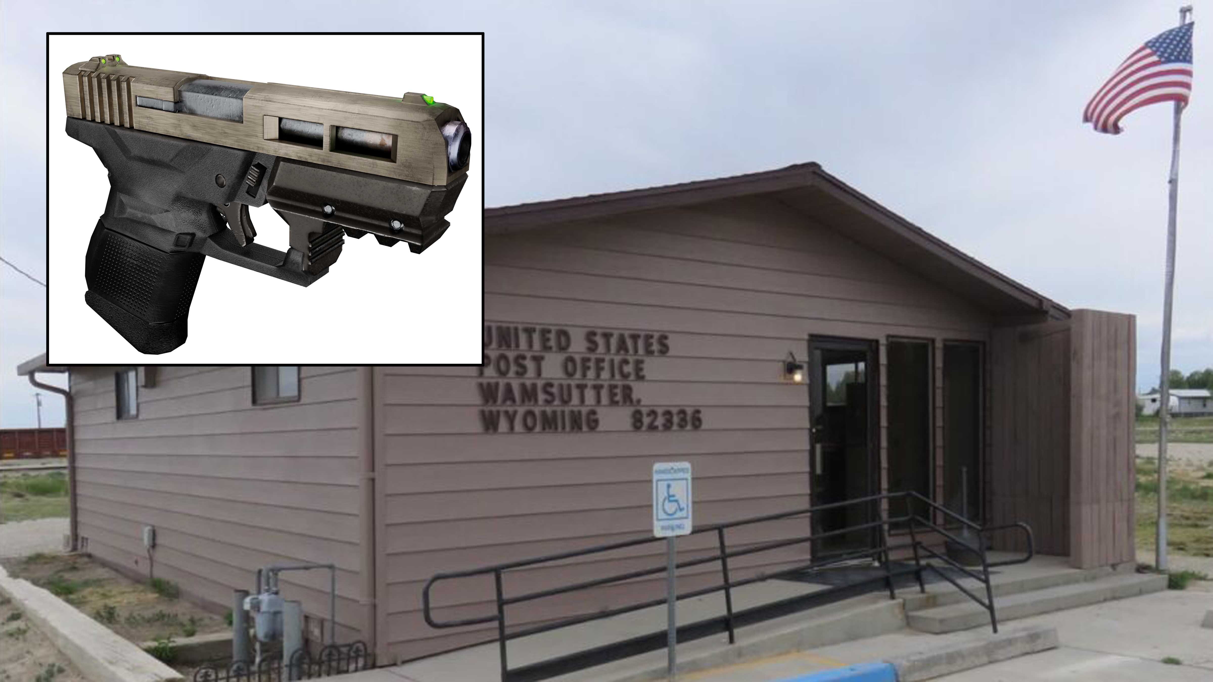 Wamsutter post office. Inset photo: 3d rendering weapon glock 43 tactical