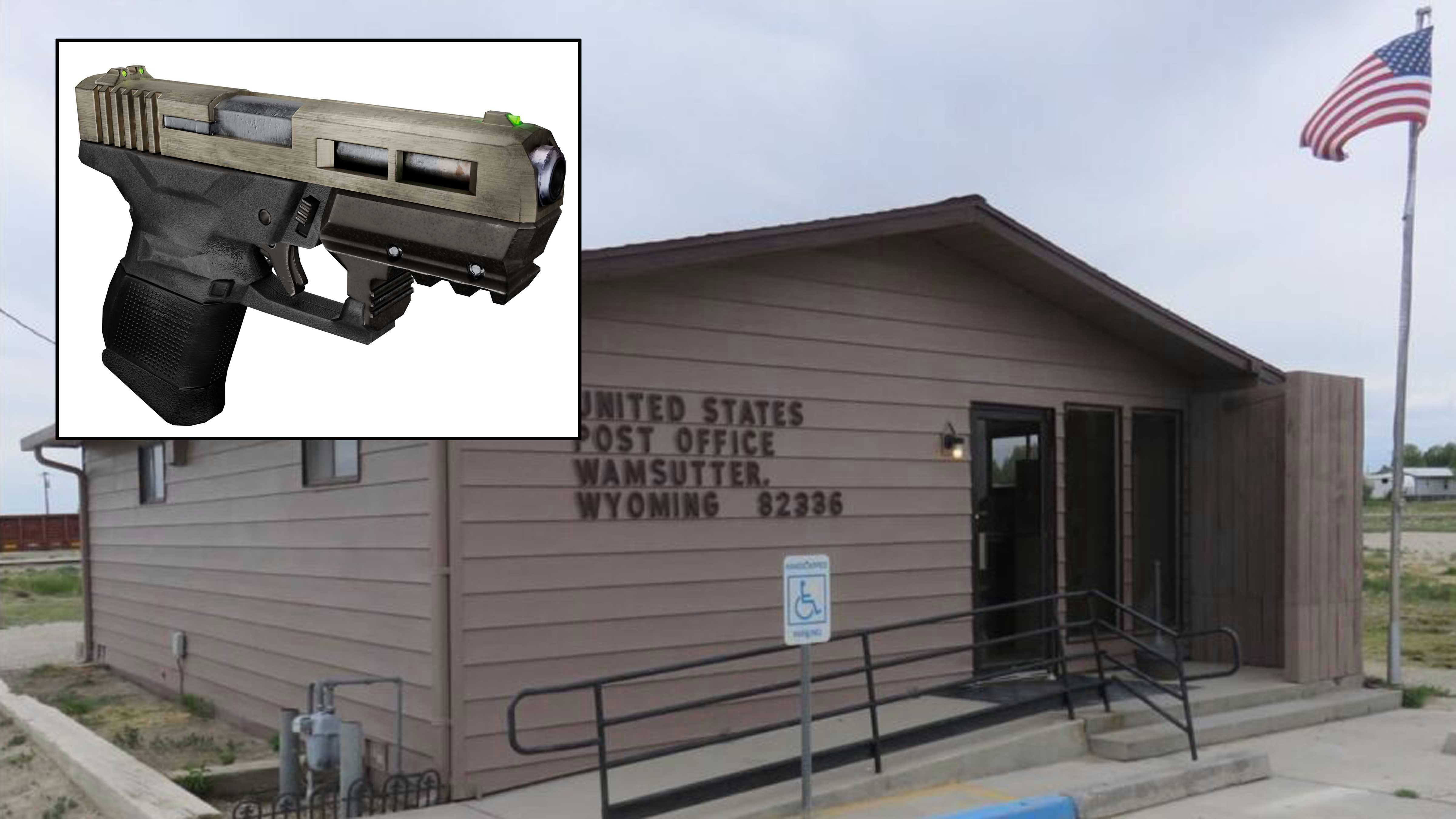 Wamsutter post office. Inset photo: 3d rendering weapon glock 43 tactical