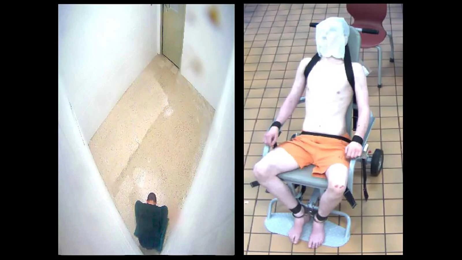 A former Wyoming Boys' School resident in a solitary confinement room, left, and strapped down to a restraint chair with a mask over his head.
