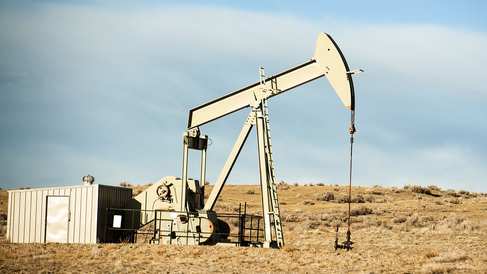 A pumpjack works an oil well in Converse County, Wyoming.