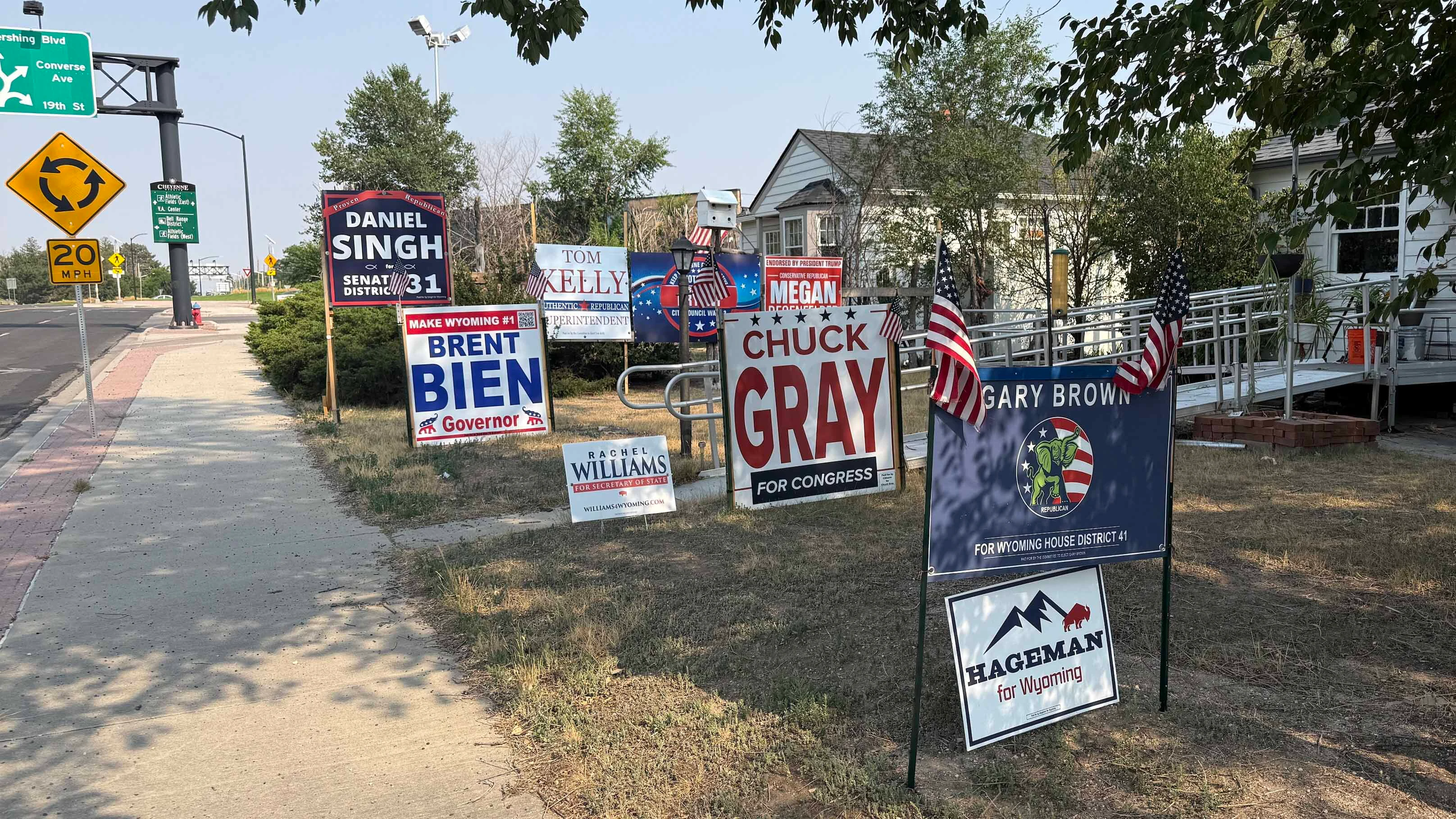 A yard full of primary election candidate signs in Cheyenne ahead of the Aug. 18, 2026, primary.