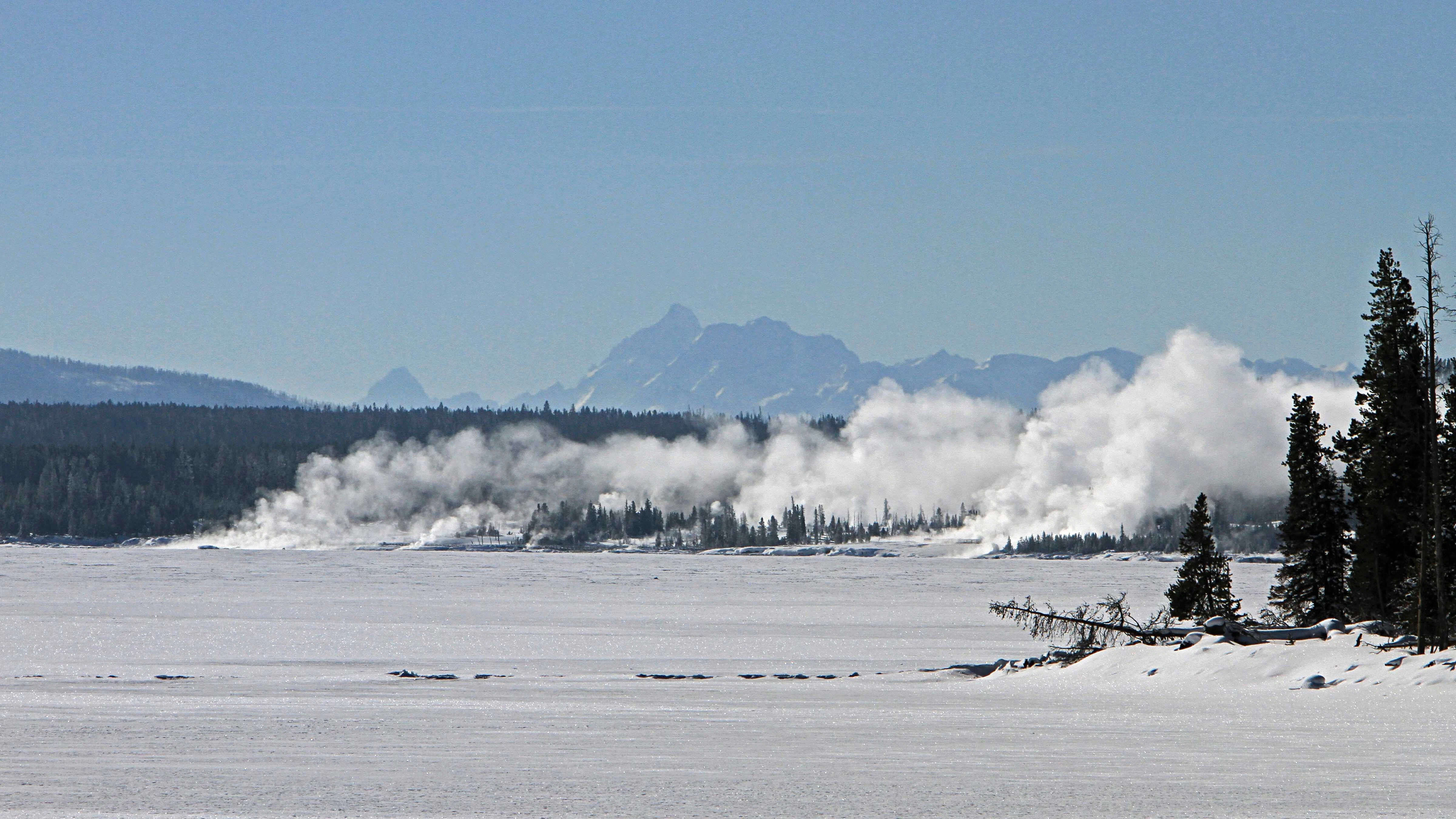View of West Thumb Geyser Basin as seen from across Yellowstone Lake, Yellowstone National Park, Wyoming